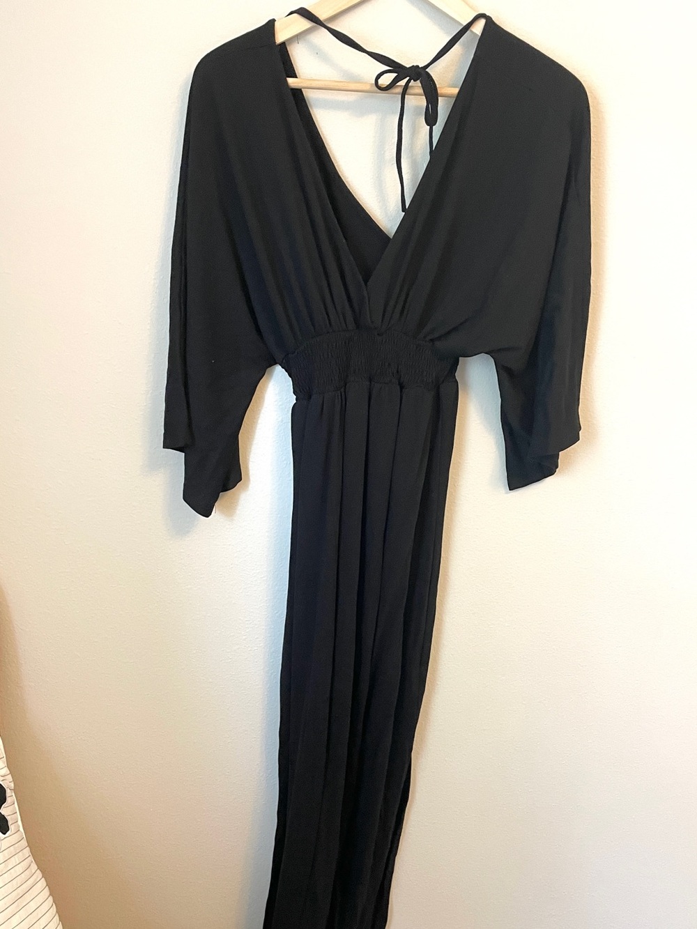 Black Deep V Neck Maxi Dress Cinched Waist Side Slit - Size M